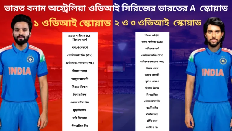 ভারত বনাম অস্ট্রেলিয়া ওডিআই সিরিজের জন্য ভারতের 'এ' দলের স্কোয়াড ঘোষণা করা হয়েছে, যেখানে প্রথম ওডিআই স্কোয়াডের অধিনায়ক রজত পাটিদার এবং ২য় ও ৩য় ওডিআই স্কোয়াডের অধিনায়ক তিলক বর্মাকে ছবিতে তুলে ধরা হয়েছে।