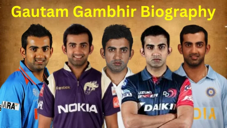 Gautam Gambhir Biography: Former Indian opening batsman Gautam Gambhir in various jerseys, including the Indian cricket team, Kolkata Knight Riders (KKR), and Delhi team (IPL).