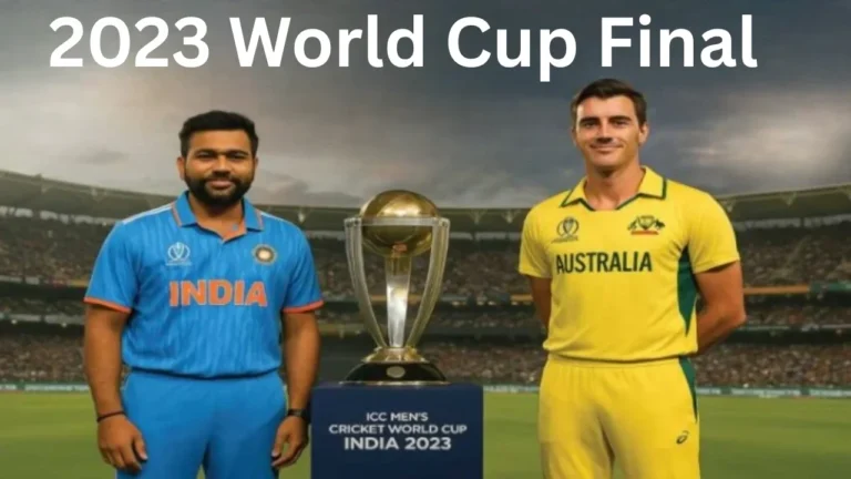 2023 Cricket World Cup Final 1 Indian captain Rohit Sharma and Australian captain Pat Cummins standing with the ICC Men's Cricket World Cup 2023 trophy in a stadium setting, with the text "2023 World Cup Final" written above. Both captains are in their respective national team jerseys.