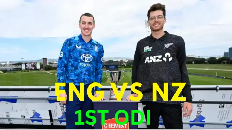 New Zealand vs England First ODI 1 England captain and New Zealand captain posing with the ODI trophy ahead of the England vs New Zealand 1st ODI match. Both players are wearing their respective national team jerseys. The text is "ENG VS NZ 1ST ODI".