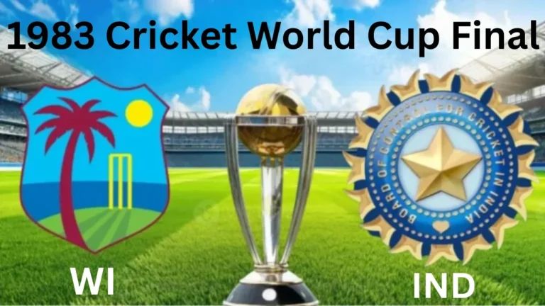 1983 Cricket World Cup Final: India vs West Indies 1 The logo of West Indies (WI) and the logo of the Board of Control for Cricket in India (IND) displayed on a cricket stadium pitch, with the World Cup trophy in the center. The text at the top reads "1983 Cricket World Cup Final", commemorating the final match between India and West Indies.