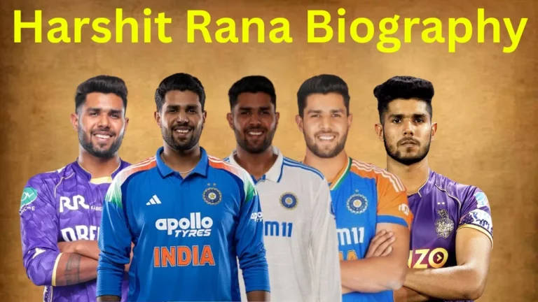 A composite image showing Indian cricketer Harshit Rana in five different jerseys: two IPL jerseys (Kolkata Knight Riders - KKR) in purple, and three Indian national team jerseys (blue and white). The text at the top in yellow color reads "Harshit Rana Biography".