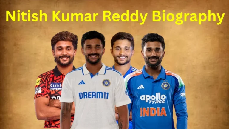 A composite image showing Indian cricketer Nitish Kumar Reddy in four different jerseys: an IPL jersey (Sunrisers Hyderabad/Red and Black), two Indian national team jerseys (white and blue), and one Indian practice/casual jersey. The text in yellow color reads "Nitish Kumar Reddy Biography".
